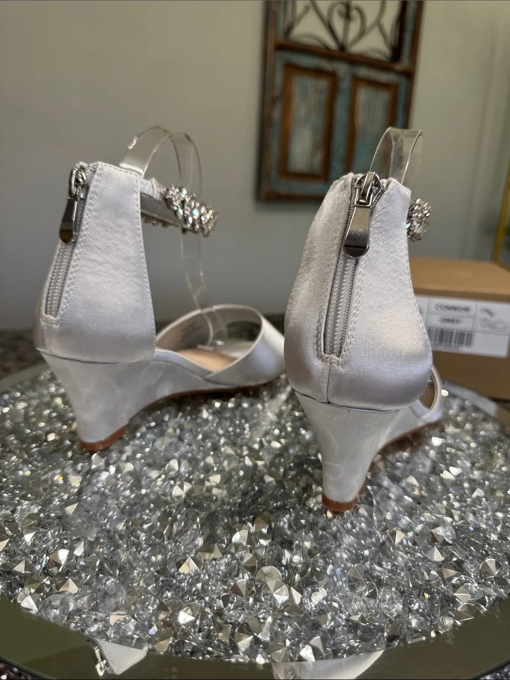 Journee Collection Conner Silver Satin Wedge Sandals Crystal Ankle Strap NEW 8.5
